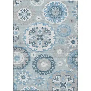 Photo of Sky Blue And Denim Blue Floral Medallion Washable Indoor Outdoor Area Rug