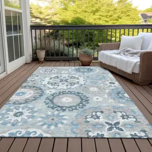 Photo of Sky Blue And Denim Blue Floral Medallion Washable Indoor Outdoor Area Rug