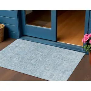 Photo of Sky Blue And Denim Blue Floral Washable Indoor Outdoor Area Rug