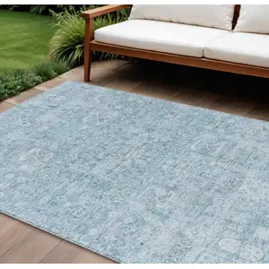 Photo of Sky Blue And Denim Blue Floral Washable Indoor Outdoor Area Rug