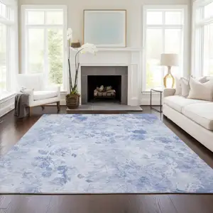 Photo of Sky Blue And Denim Blue Floral Washable Indoor Outdoor Area Rug