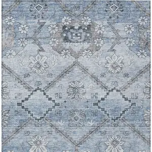 Photo of Sky Blue And Denim Blue Floral Washable Indoor Outdoor Area Rug