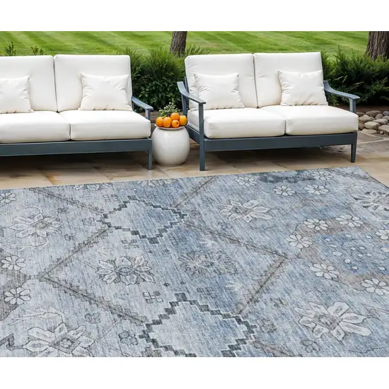 Sky Blue And Denim Blue Floral Washable Indoor Outdoor Area Rug Photo 1