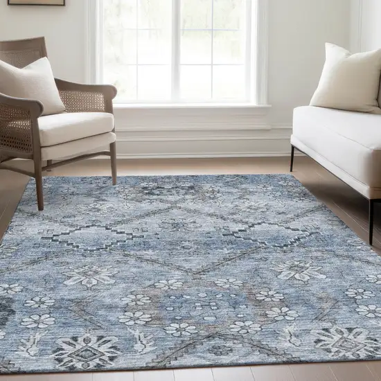 Sky Blue And Denim Blue Floral Washable Indoor Outdoor Area Rug Photo 9