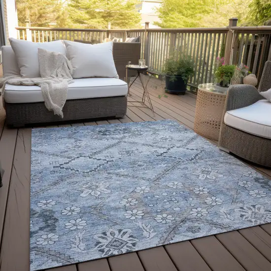 Sky Blue And Denim Blue Floral Washable Indoor Outdoor Area Rug Photo 8