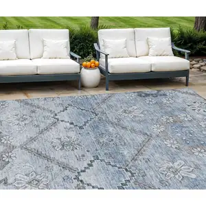 Photo of Sky Blue And Denim Blue Floral Washable Indoor Outdoor Area Rug