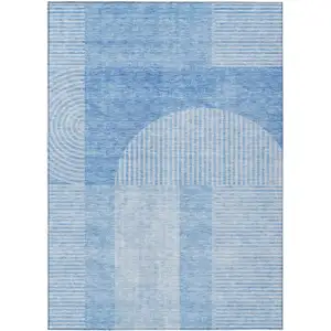 Photo of Sky Blue And Denim Blue Geometric Washable Indoor Outdoor Area Rug