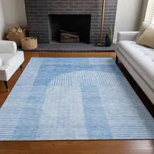 Photo of Sky Blue And Denim Blue Geometric Washable Indoor Outdoor Area Rug