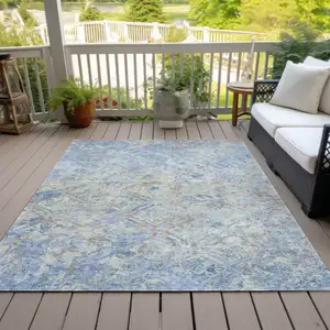 Photo of Sky Blue And Denim Blue Geometric Washable Indoor Outdoor Area Rug