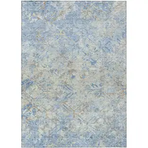 Photo of Sky Blue And Denim Blue Geometric Washable Indoor Outdoor Area Rug