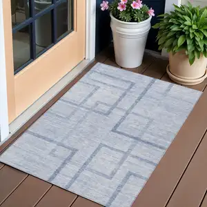 Photo of Sky Blue And Denim Blue Geometric Washable Indoor Outdoor Area Rug