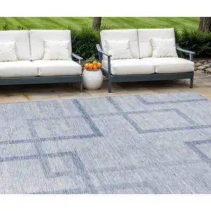 Photo of Sky Blue And Denim Blue Geometric Washable Indoor Outdoor Area Rug