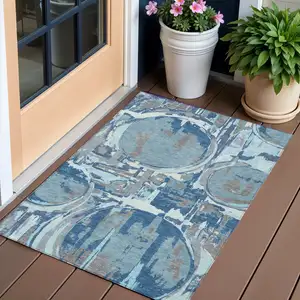 Photo of Sky Blue And Denim Blue Geometric Washable Indoor Outdoor Area Rug