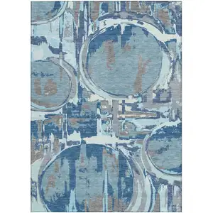 Photo of Sky Blue And Denim Blue Geometric Washable Indoor Outdoor Area Rug