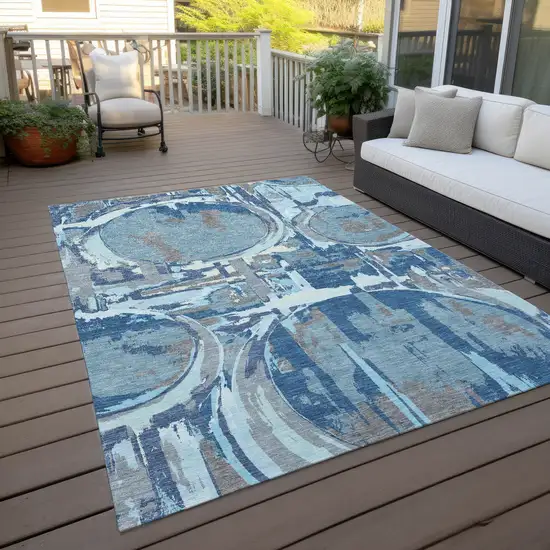 Sky Blue And Denim Blue Geometric Washable Indoor Outdoor Area Rug Photo 9