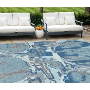 Photo of Sky Blue And Denim Blue Geometric Washable Indoor Outdoor Area Rug