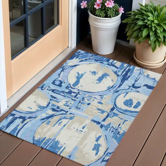 Sky Blue And Denim Blue Geometric Washable Indoor Outdoor Area Rug Photo 1