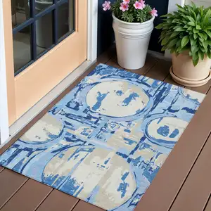 Photo of Sky Blue And Denim Blue Geometric Washable Indoor Outdoor Area Rug