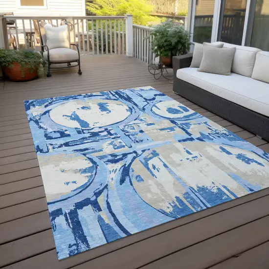 Sky Blue And Denim Blue Geometric Washable Indoor Outdoor Area Rug Photo 8