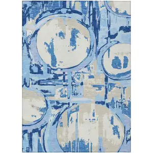 Photo of Sky Blue And Denim Blue Geometric Washable Indoor Outdoor Area Rug