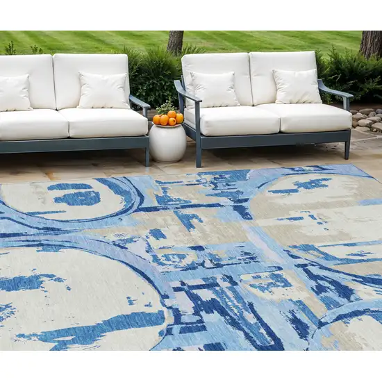 Sky Blue And Denim Blue Geometric Washable Indoor Outdoor Area Rug Photo 1