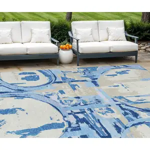 Photo of Sky Blue And Denim Blue Geometric Washable Indoor Outdoor Area Rug