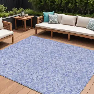 Photo of Sky Blue And Denim Blue Medallion Washable Indoor Outdoor Area Rug