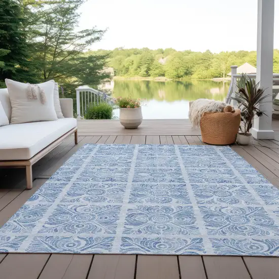 Sky Blue And Denim Blue Medallion Washable Indoor Outdoor Area Rug Photo 8