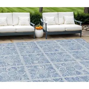 Photo of Sky Blue And Denim Blue Medallion Washable Indoor Outdoor Area Rug