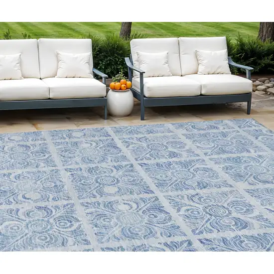 Sky Blue And Denim Blue Medallion Washable Indoor Outdoor Area Rug Photo 1