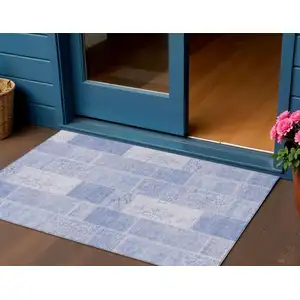 Photo of Sky Blue And Denim Blue Patchwork Washable Indoor Outdoor Area Rug