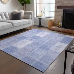 Photo of Sky Blue And Denim Blue Patchwork Washable Indoor Outdoor Area Rug