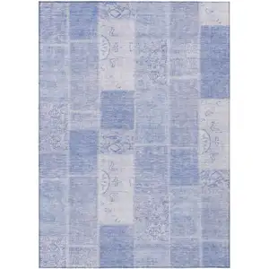 Photo of Sky Blue And Denim Blue Patchwork Washable Indoor Outdoor Area Rug