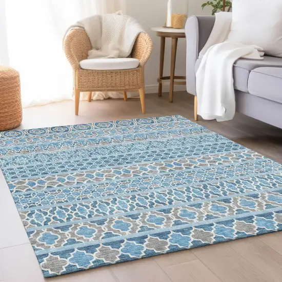 Sky Blue And Denim Blue Quatrefoil Washable Indoor Outdoor Area Rug Photo 8