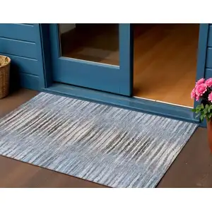 Photo of Sky Blue And Denim Blue Striped Washable Indoor Outdoor Area Rug