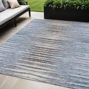 Photo of Sky Blue And Denim Blue Striped Washable Indoor Outdoor Area Rug