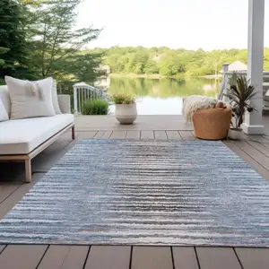 Photo of Sky Blue And Denim Blue Striped Washable Indoor Outdoor Area Rug