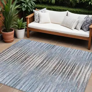 Photo of Sky Blue And Denim Blue Striped Washable Indoor Outdoor Area Rug