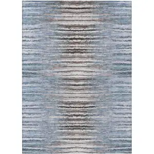 Photo of Sky Blue And Denim Blue Striped Washable Indoor Outdoor Area Rug