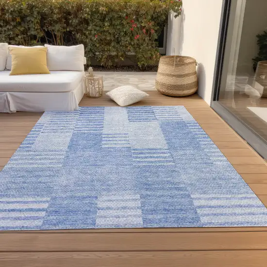 Sky Blue And Denim Blue Striped Washable Indoor Outdoor Area Rug Photo 7