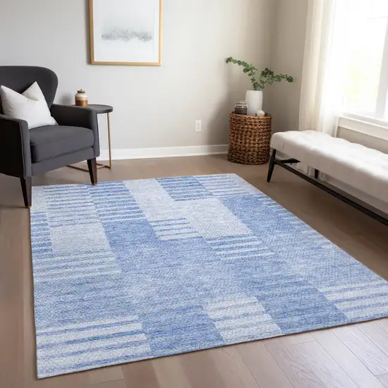 Sky Blue And Denim Blue Striped Washable Indoor Outdoor Area Rug Photo 9