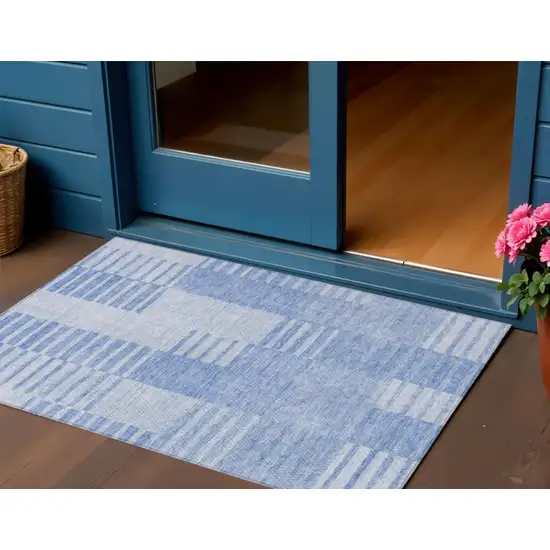 Sky Blue And Denim Blue Striped Washable Indoor Outdoor Area Rug Photo 1