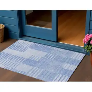 Photo of Sky Blue And Denim Blue Striped Washable Indoor Outdoor Area Rug