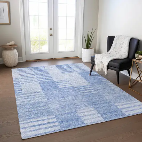 Sky Blue And Denim Blue Striped Washable Indoor Outdoor Area Rug Photo 8