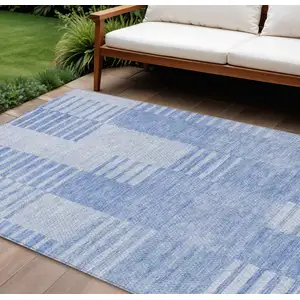 Photo of Sky Blue And Denim Blue Striped Washable Indoor Outdoor Area Rug