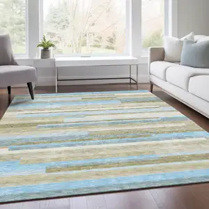 Photo of Sky Blue And Denim Blue Striped Washable Indoor Outdoor Area Rug