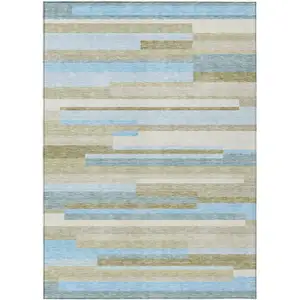 Photo of Sky Blue And Denim Blue Striped Washable Indoor Outdoor Area Rug