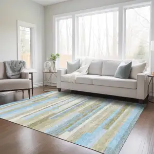 Photo of Sky Blue And Denim Blue Striped Washable Indoor Outdoor Area Rug