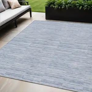 Photo of Sky Blue And Denim Blue Striped Washable Indoor Outdoor Area Rug