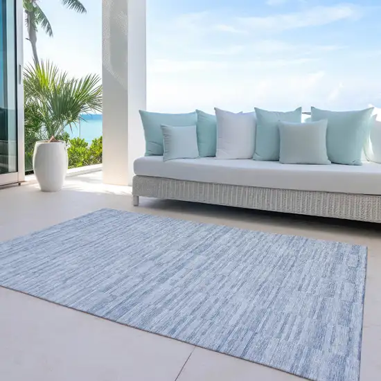 Sky Blue And Denim Blue Striped Washable Indoor Outdoor Area Rug Photo 8